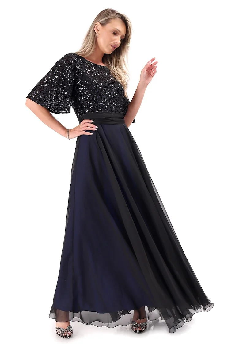 Rochie lunga de ocazie din voal cu bust si maneci din paiete R4P-55, Bleumarin