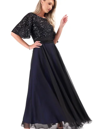 Rochie lunga de ocazie din voal cu bust si maneci din paiete R4P-55, Bleumarin