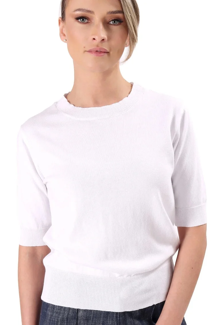 Bluza tricotata fin din bumbac cu maneci scurte BAM-J4, Ivoire