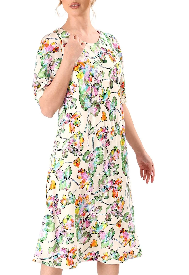Rochie midi din viscoza cu motive florale si fir de effect R5V-IB, Bej