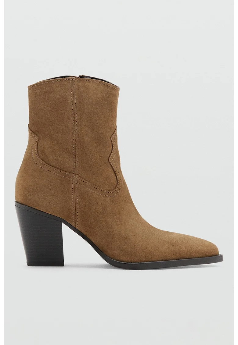 Botine cowboy de piele intoarsa cu fermoar, Maro