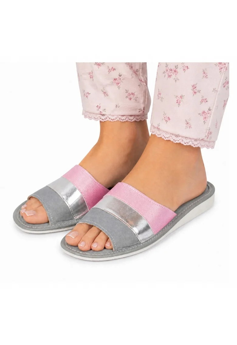 Papuci de dama, Papuci, piele ecologica, varf deschis, slip-on, roz, Roz pudrat