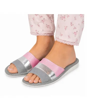 Papuci de dama, Papuci, piele ecologica, varf deschis, slip-on, roz, Roz pudrat