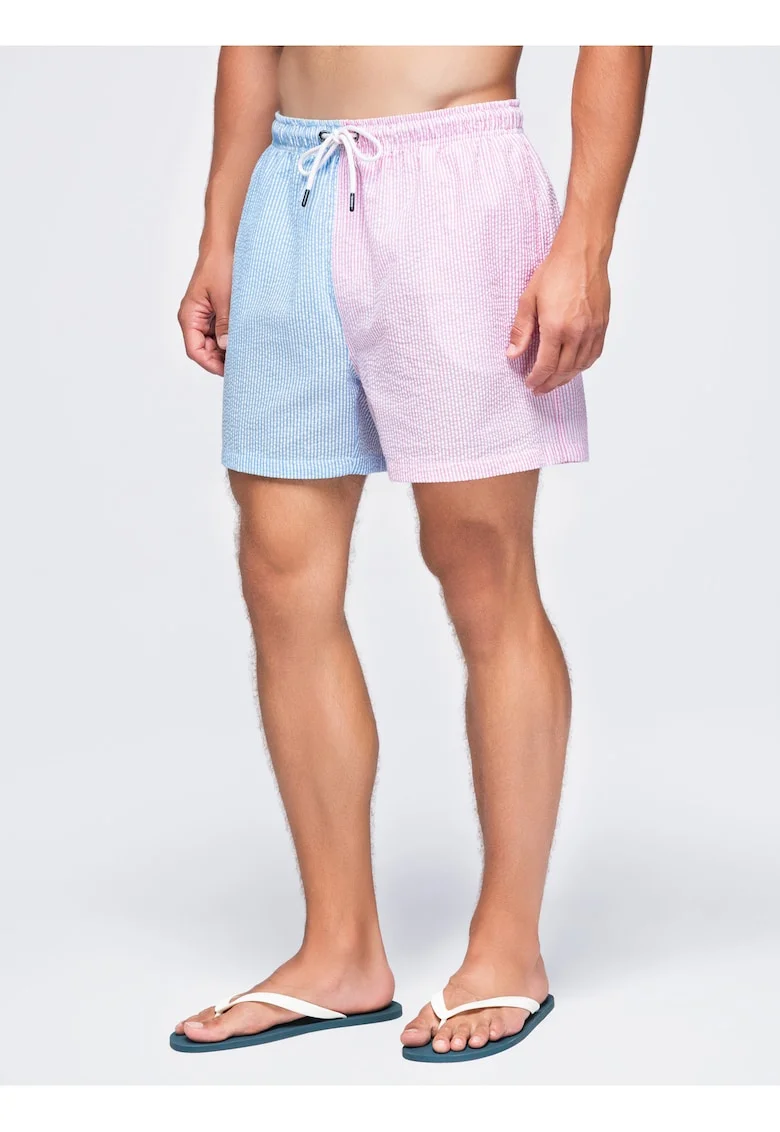 Costume de baie barbati cu croi regulat, material seersucker, uscare rapida OM-SRSS-0215, Roz/Albastru