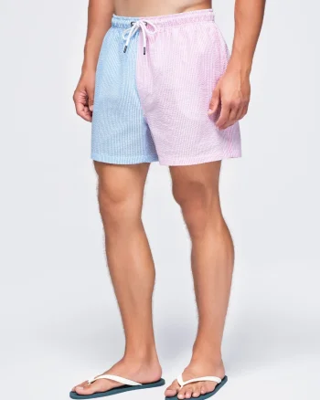 Costume de baie barbati cu croi regulat, material seersucker, uscare rapida OM-SRSS-0215, Roz/Albastru