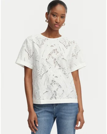 Bluza  alb, viscoza, imprimeu floral, maneca scurta, Alb