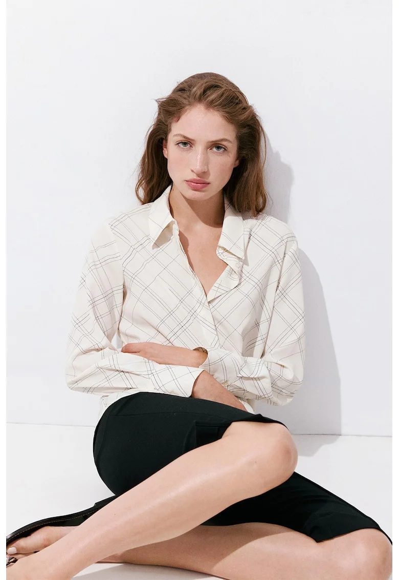 Camasa cu guler clasic si model in carouri, Crem