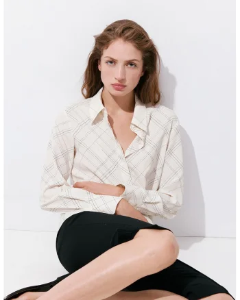 Camasa cu guler clasic si model in carouri, Crem