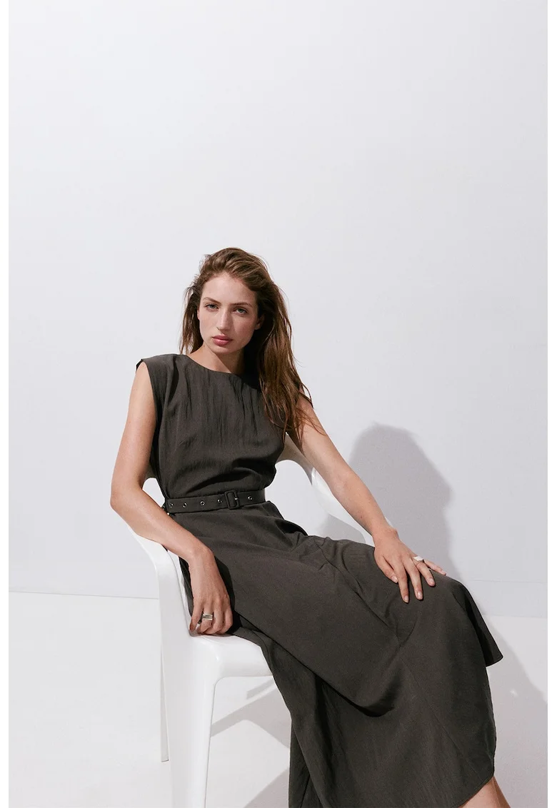 Rochie asimetrica cu curea in talie, Maro taupe inchis