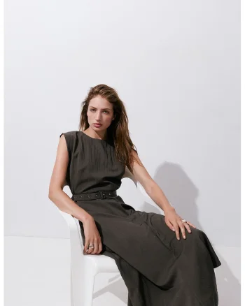 Rochie asimetrica cu curea in talie, Maro taupe inchis
