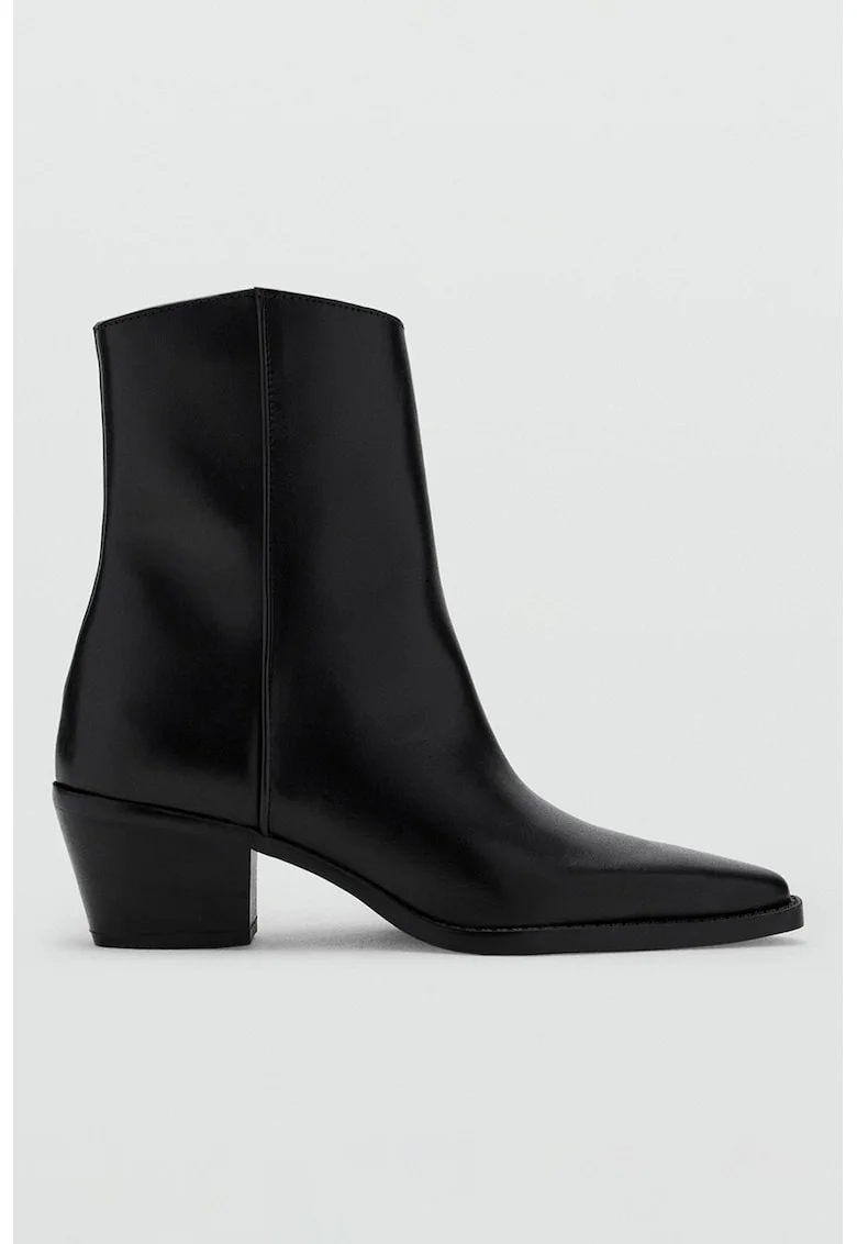 Botine din piele cu toc masiv, Negru carbon