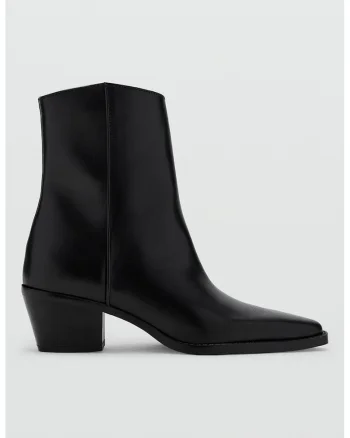 Botine din piele cu toc masiv, Negru carbon