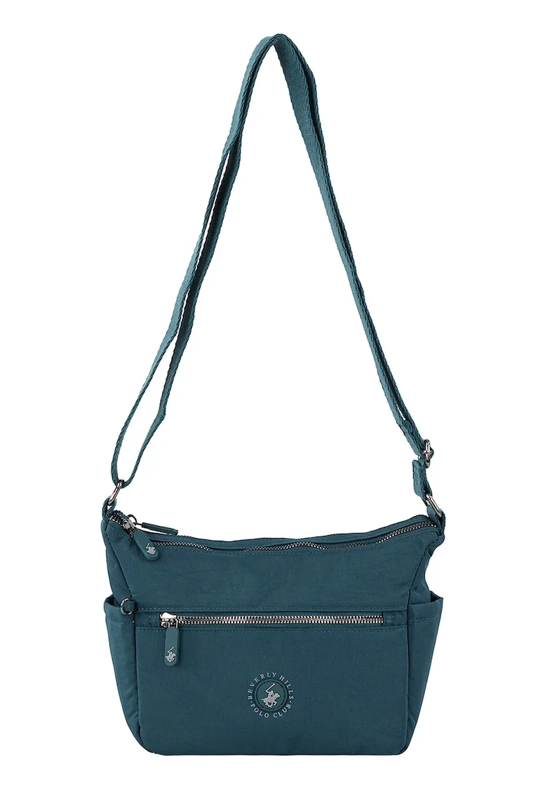 Geanta crossbody cu buzunare multiple si aplicatie logo, Albastru petrol