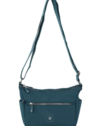 Geanta crossbody cu buzunare multiple si aplicatie logo, Albastru petrol