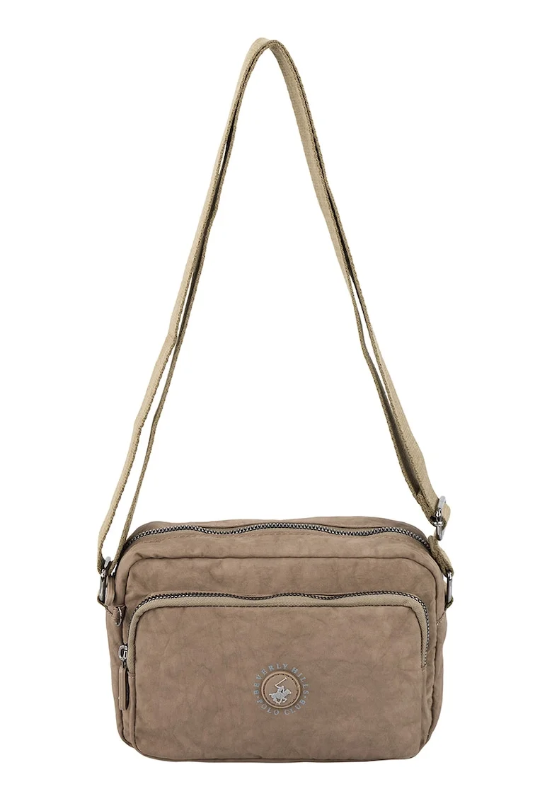 Geanta crossbody cu aplicatie logo, Maro taupe deschis