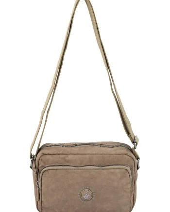 Geanta crossbody cu aplicatie logo, Maro taupe deschis