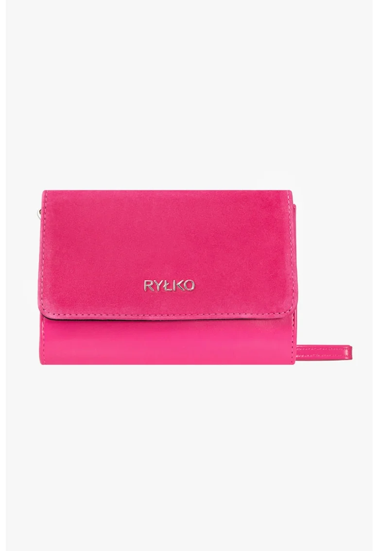 Geanta crossbody de piele cu bareta de lant, Fucsia