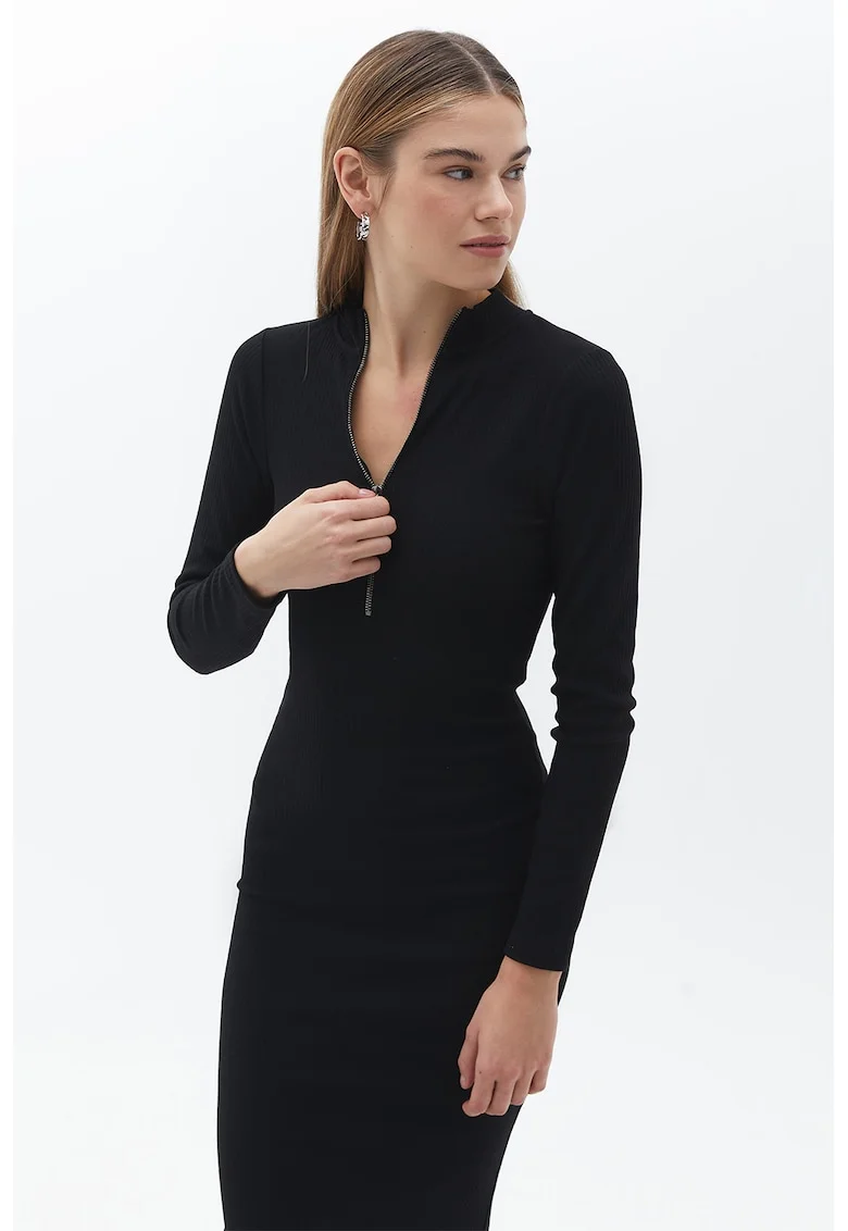 Rochie bodycon midi cu fenta cu fermoar, Negru