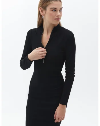 Rochie bodycon midi cu fenta cu fermoar, Negru