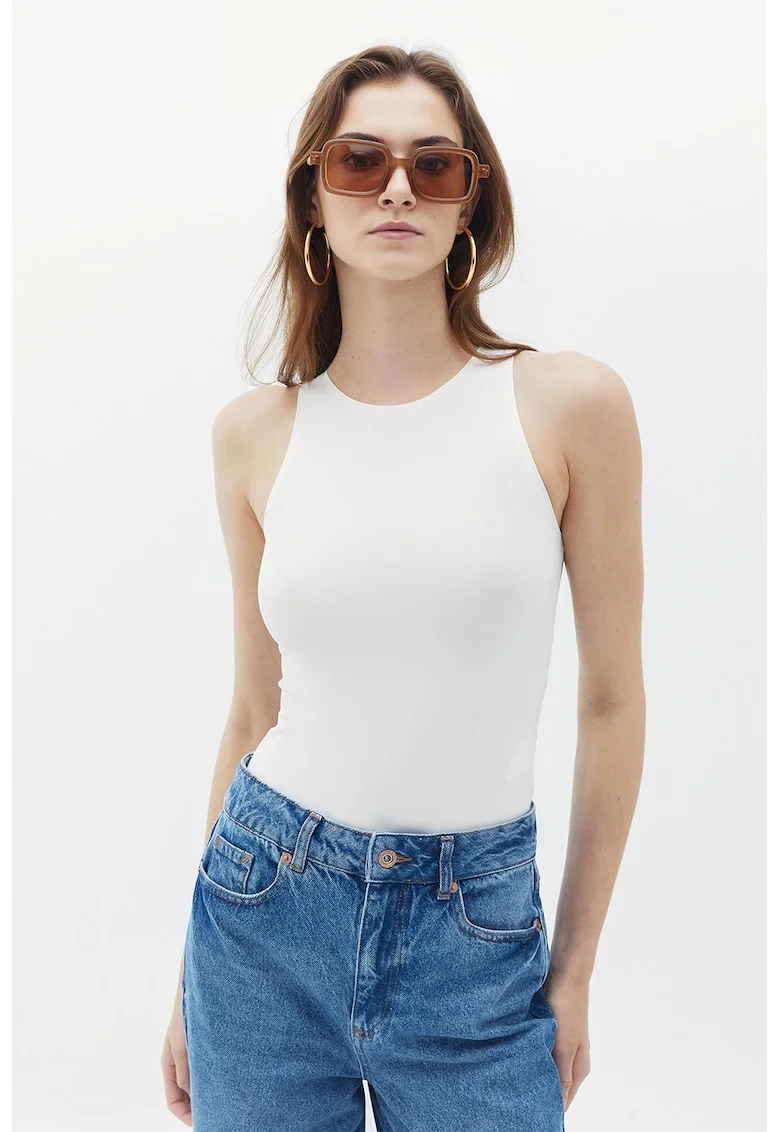 Body slim fit fara maneci, Alb optic
