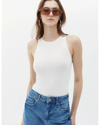 Body slim fit fara maneci, Alb optic