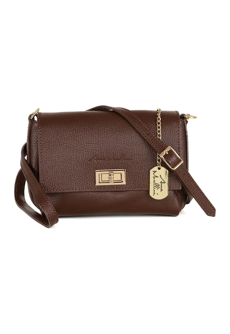 Geanta crossbody din piele cu accesoriu logo, Maro cognac