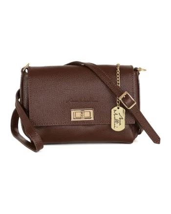 Geanta crossbody din piele cu accesoriu logo, Maro cognac