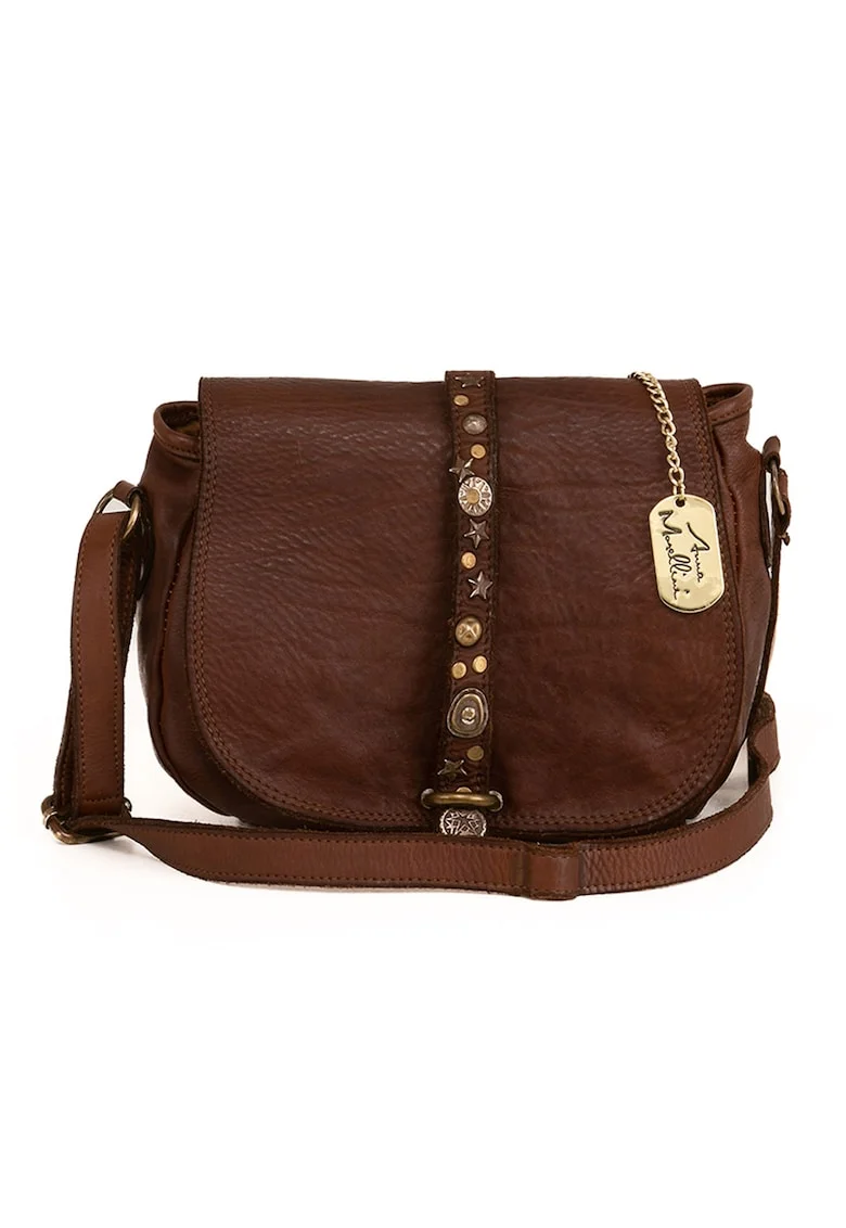 Geanta crossbody din piele cu aplicatii metalice Luigia, Maro inchis