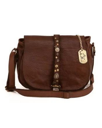 Geanta crossbody din piele cu aplicatii metalice Luigia, Maro inchis