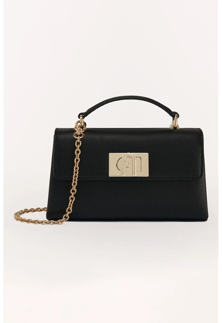 Geanta crossbody din piele cu bareta din lant si clapa 1927, Negru