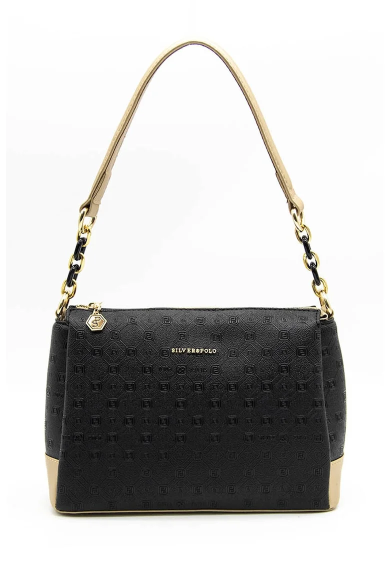 Geanta crossbody de piele ecologica cu logo metalic, Negru/Bej