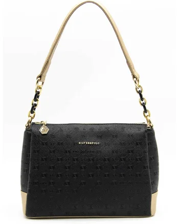 Geanta crossbody de piele ecologica cu logo metalic, Negru/Bej