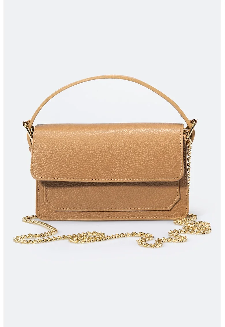 Geanta crossbody de piele cu bareta din lant, Maro nisip