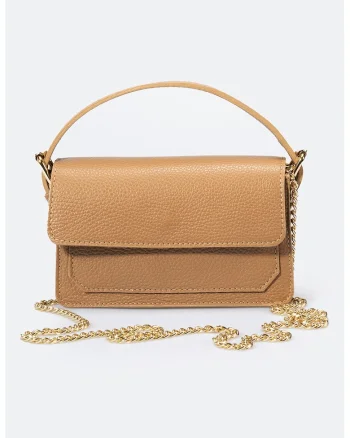 Geanta crossbody de piele cu bareta din lant, Maro nisip
