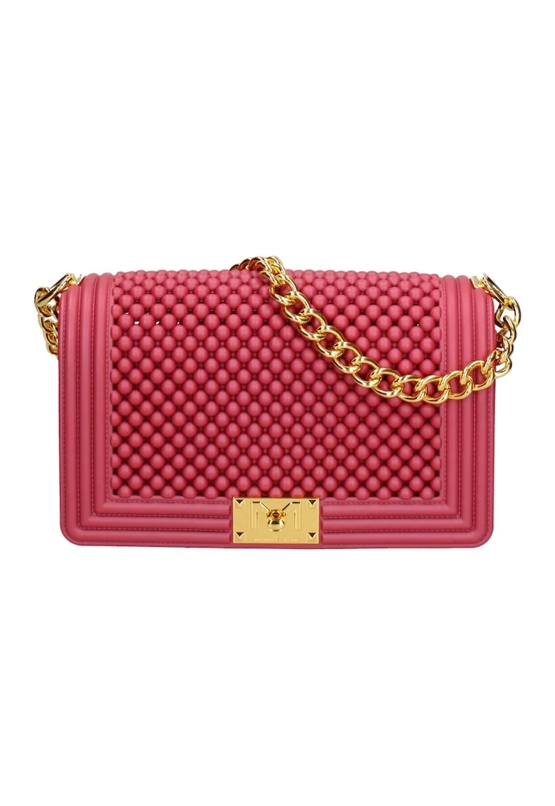 Geanta crossbody cu clapa si aspect cu margele, Rosu/Auriu