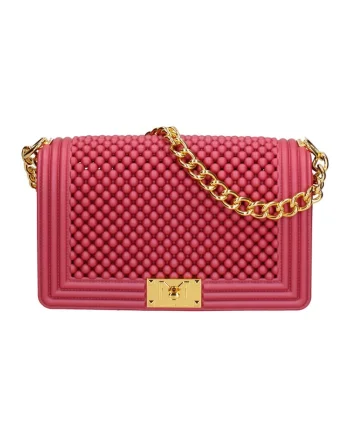 Geanta crossbody cu clapa si aspect cu margele, Rosu/Auriu