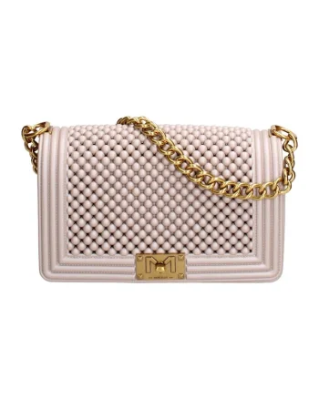 Geanta crossbody cu clapa si aspect cu margele
