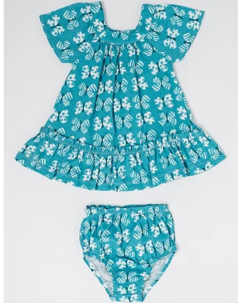 Set de rochie cu model si chiloti, Alb/Verde persan