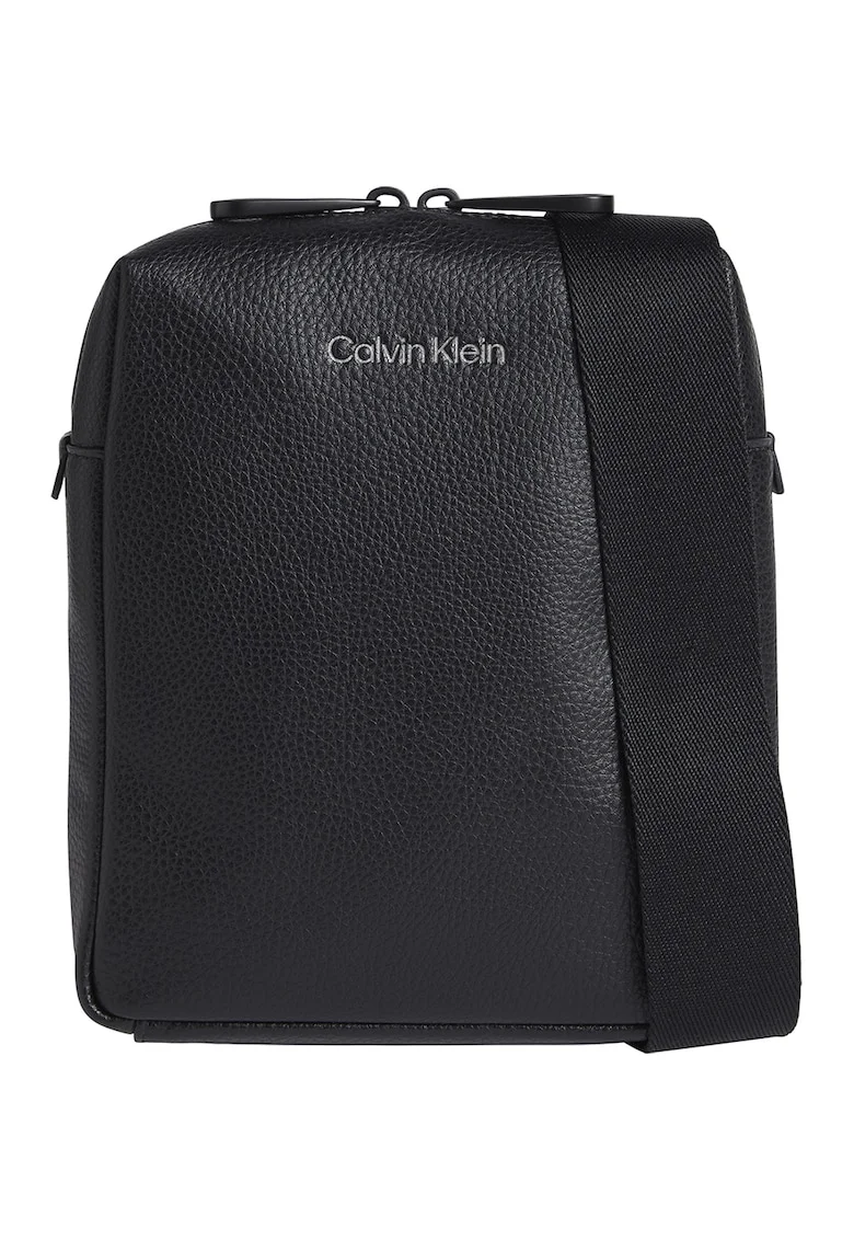Geanta crossbody din piele ecologica cu detaliu cu logo stantat, Negru