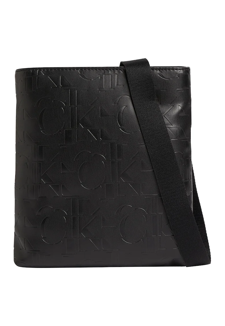 Geanta crossbody de piele ecologica cu monograme in relief, Negru