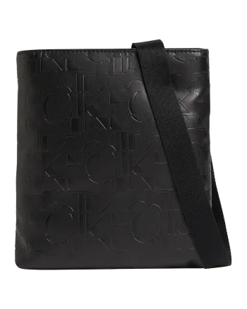 Geanta crossbody de piele ecologica cu monograme in relief, Negru
