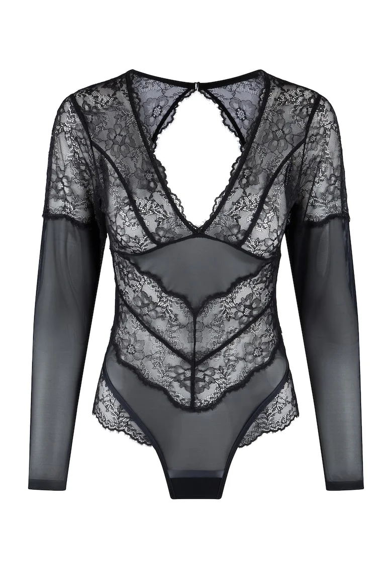 Body de dantela cu maneci lungi, Negru