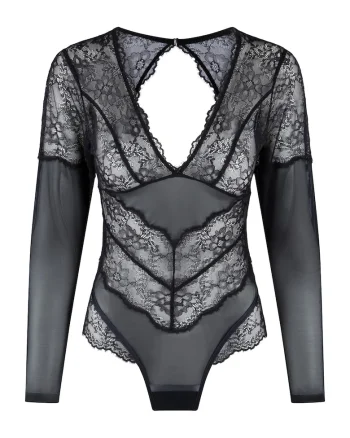 Body de dantela cu maneci lungi, Negru