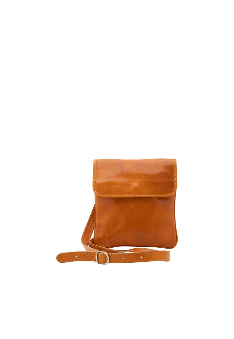 Geanta crossbody de piele cu buzunar cu fermoar, Galben mustar