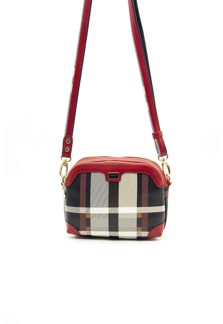 Geanta crossbody de piele ecologica cu imprimeu, Rosu, Negru, Alb murdar, Rosu/Negru/Alb murdar, 17x23x11