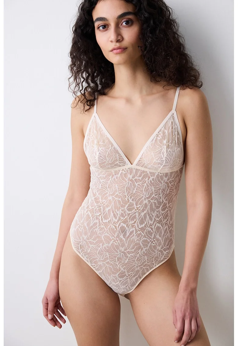 Body cu dantela cu model floral, Crem