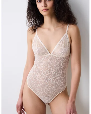 Body cu dantela cu model floral, Crem