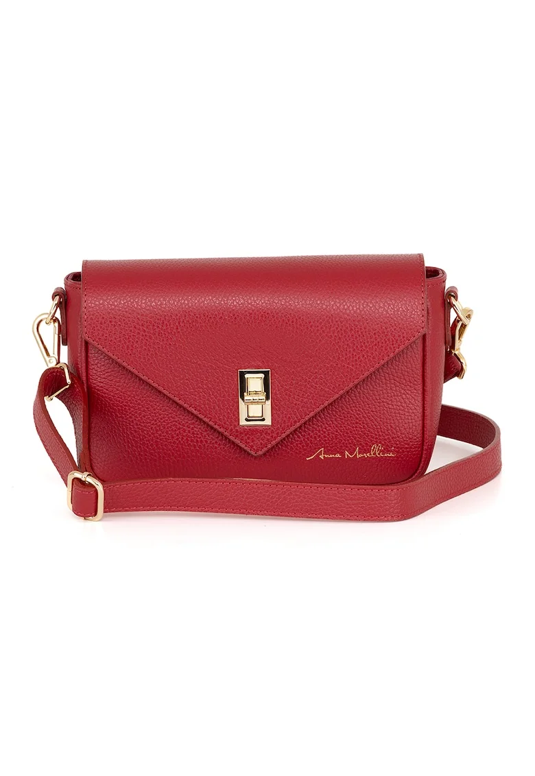 Geanta crossbody din piele cu sistem metalic, Visiniu