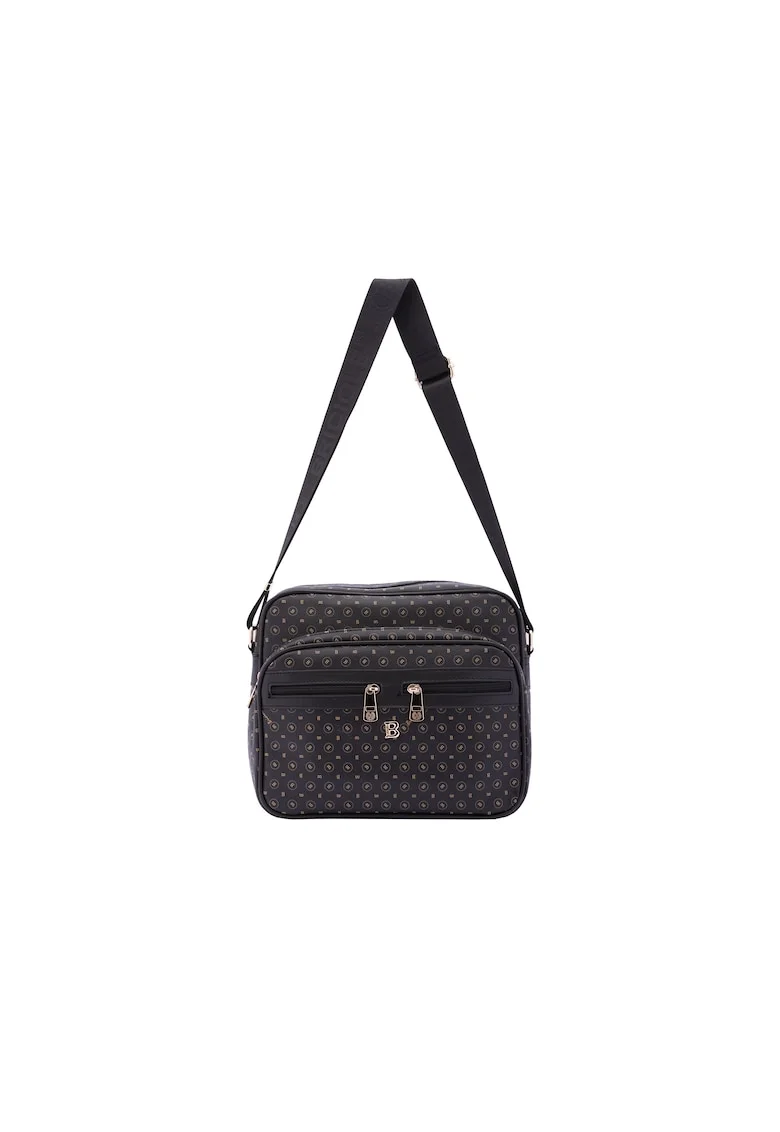Geanta crossbody de piele ecologica cu model si buzunare multiple, Negru