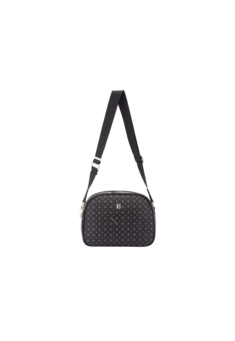 Geanta crossbody de piele ecologica cu model si bareta cu logo, Negru